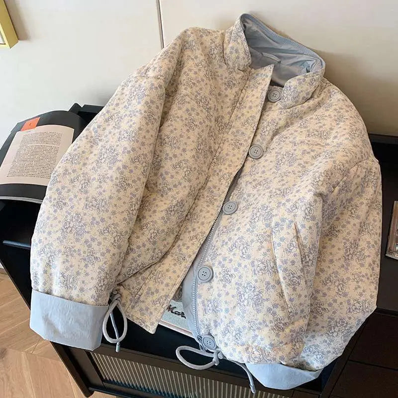 Neploe Literary Korea Gentle Print Veste Femme Stand Collar Short New Age Reduction Jacket Casual Warm Thicked Panelled Mujer