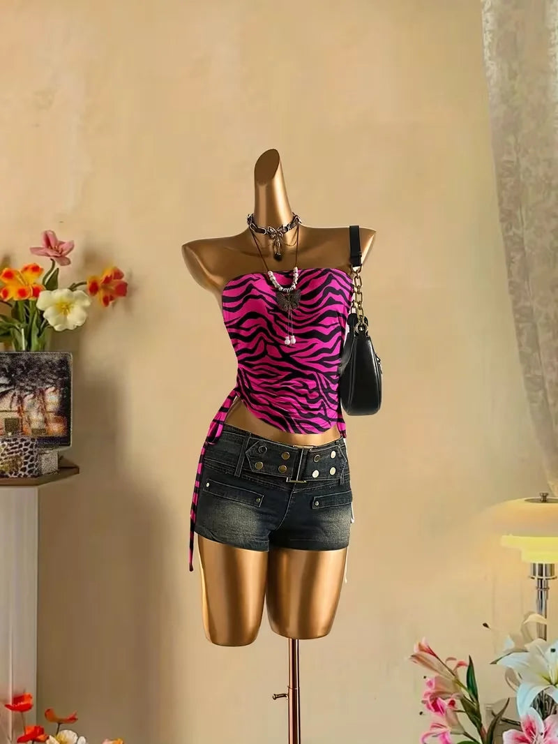 cropped top Women's summer vacation pleated lace up leopard print vest, sleeveless zebra print top, pink zebra print top,