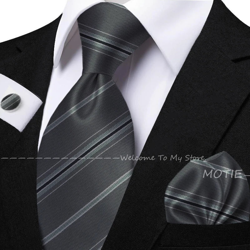 New Classic Striped Jacquard Tie Set Include Purple Polyester Pocket Square As Daily Wear Party Wedding Stylish Accessories Gift