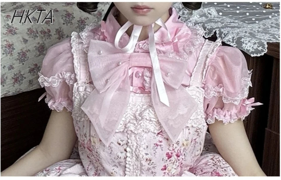 Cute Sweet Lolita Girls Shirt 2025 Summer New Bubble Short-sleeved Shirts Doll Collar Single-breasted Candy-colored Blouse Top