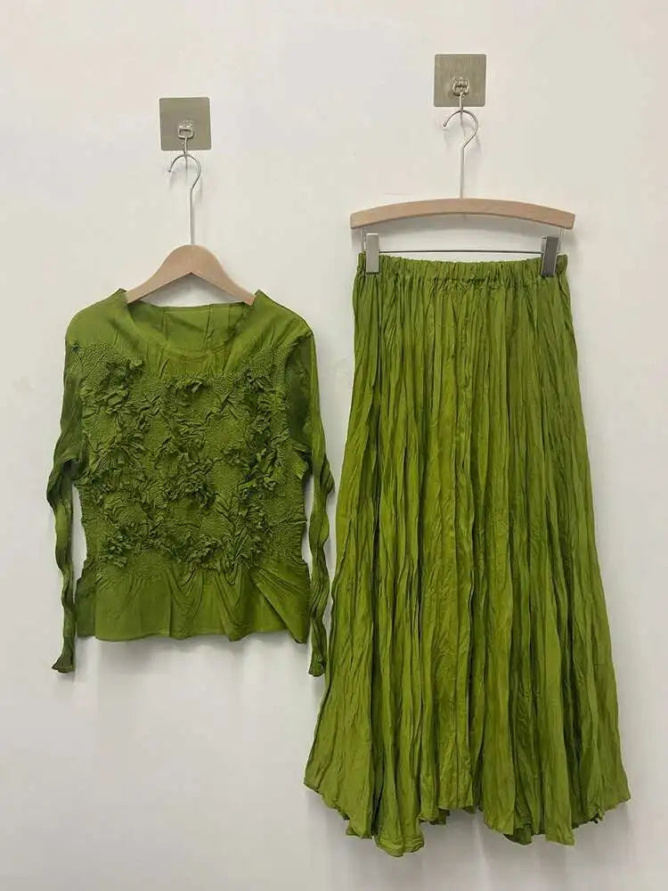 GVUW Pleated 2 Pieces Set Niche Design Women Full Sleeve Tops + A Line Skirt Loose Solid Color New 2025 Lady Sets 17G8434