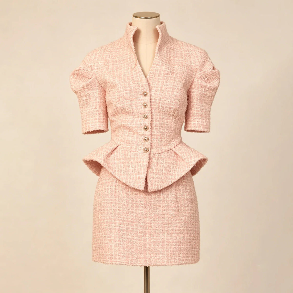 LIMO 2026 New Arrival Pink Tweed 2 Piece Outfit, Women's Elegant Peplum Top with Mini Skirt, Puff Sleeve Formal Suit
