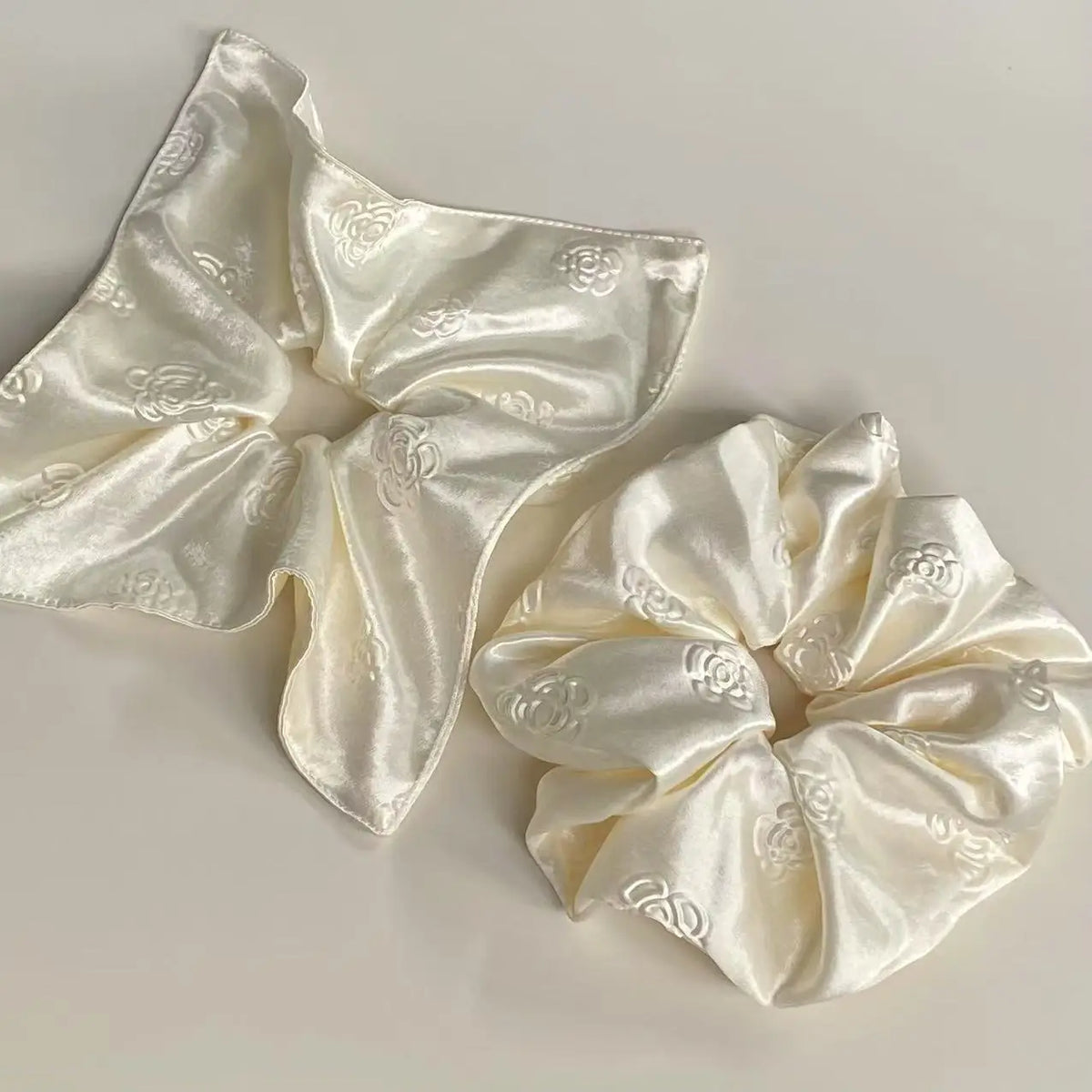 French high-end camellia cream white satin large intestine scrunchie square scarf fashion temperament women's hair accessories