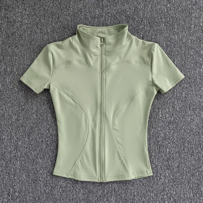 Women Zipper Yoga T-shirt Summer High Quality Waist Slimming Training Tops Workout Running Half Collar Short Sleeves Yoga Shirts