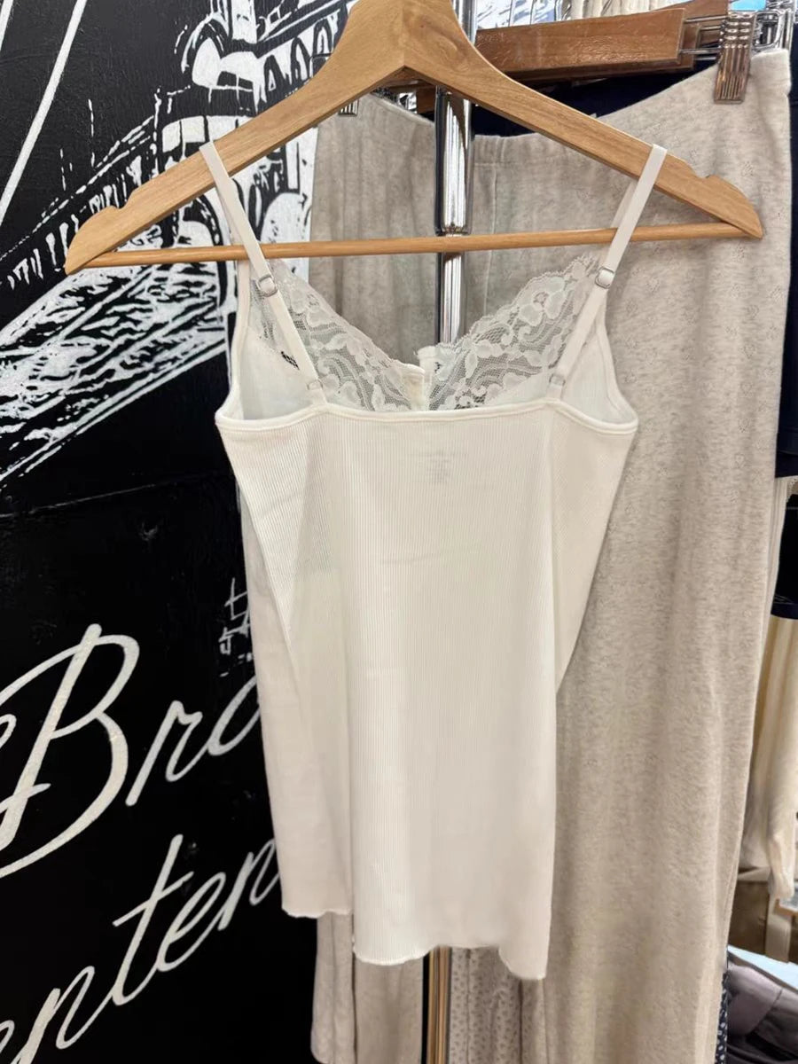 Lace Trim Buttons Ribbed Slim Tank Top Woman Summer Sleeveless Cotton White Simple Vest Vintage Sweet Basic Camisole Y2k Tops