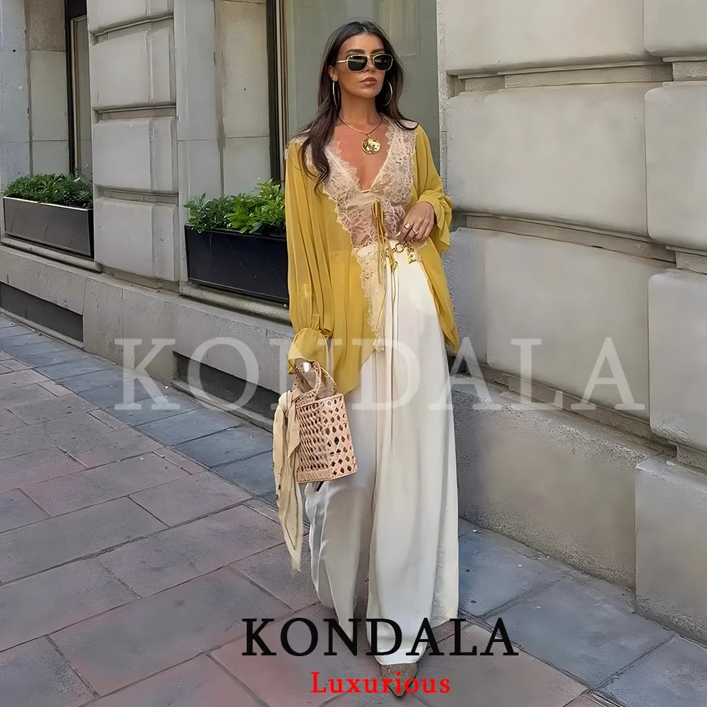 KONDALA Elegant Women Yellow Chiffon Blouse Lace Bow Long Flare Sleeve Loose Blouse Fashion 2026 Spring Summer Holiday Blouse