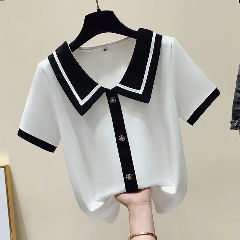 Summer Elegant Loose Polo-neck Knit Pullover Women Fashion Patchwork Button Short Sleeve T-shirt Office Lady Chic Tops 40-100Kg