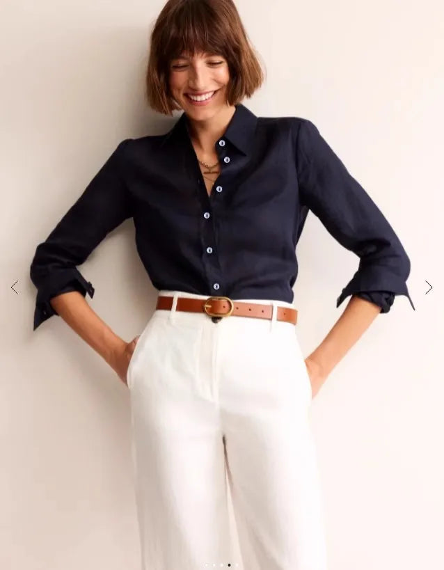 Navy Blue Full Linen Shirt Women's Long-Sleeved Spring and Summer Rain Dew Linen Shirt Loose Large Size Cotton and Linen Top Sun