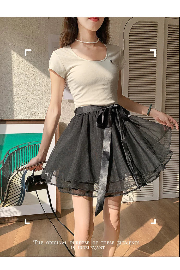 Korean Fashion Sweet Mini Skirts Women Lace Patchwork A-line Elastic High Waist Mesh Skirt with Shorts Faldas Ajustadas Dropship