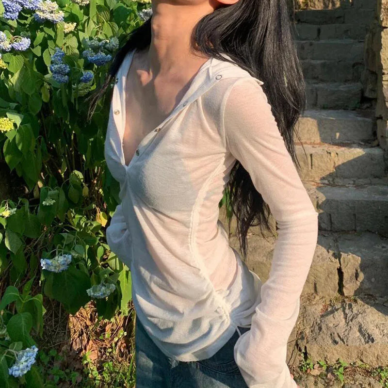 Summer Thin Women's Long Sleeve Top Streetwear Y2k Sexy See Through Hooded T-shirts Drawstring Slim Sun Protection White Tees