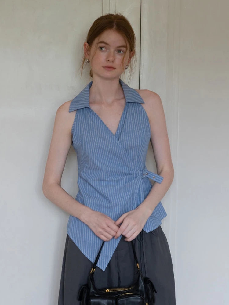 Zoki Sexy V Neck Slim Striped Tanks Women Vintage Sleeveless Irregular Tees American Retro Casual Summer Female Elegant New Tops