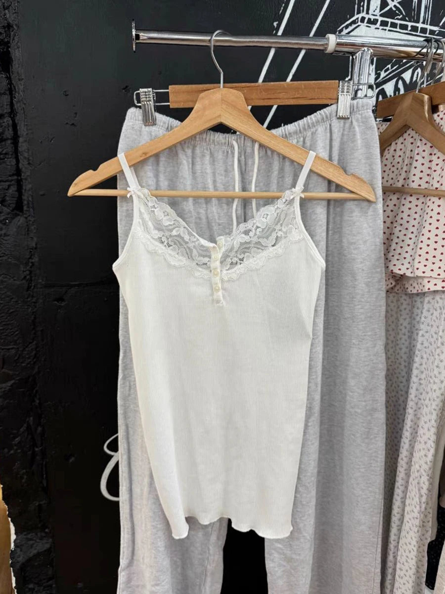 Lace Trim Buttons Ribbed Slim Tank Top Woman Summer Sleeveless Cotton White Simple Vest Vintage Sweet Basic Camisole Y2k Tops