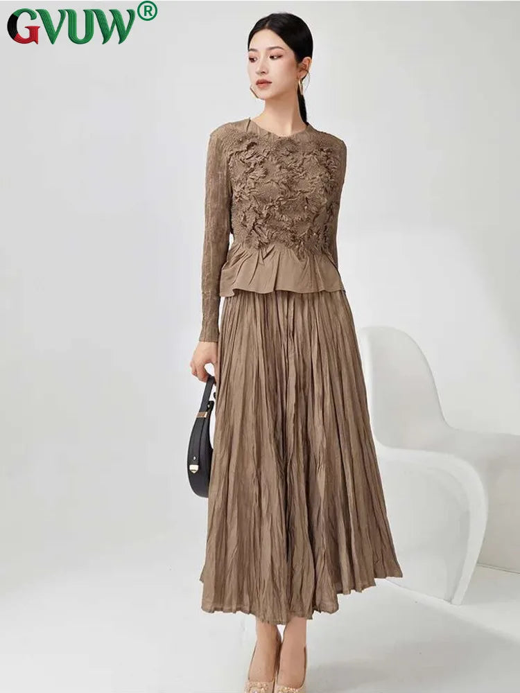 GVUW Pleated 2 Pieces Set Niche Design Women Full Sleeve Tops + A Line Skirt Loose Solid Color New 2025 Lady Sets 17G8434