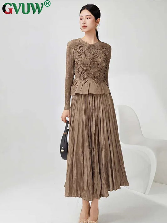 GVUW Pleated 2 Pieces Set Niche Design Women Full Sleeve Tops + A Line Skirt Loose Solid Color New 2025 Lady Sets 17G8434