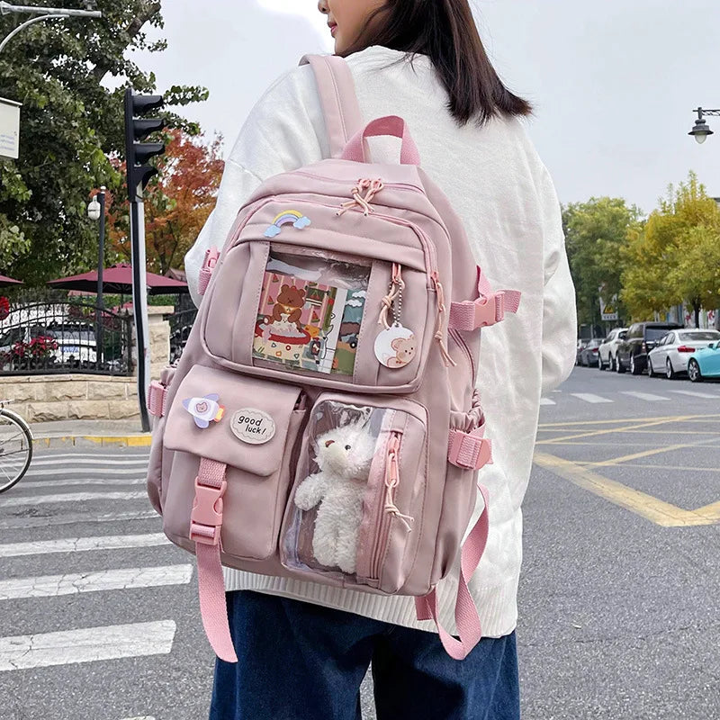 Buckle Badge School Backpack Candy Color Fashion Cute Schoolbag Korean Style Shoulder Student Bag Teenage Girls College Backpack