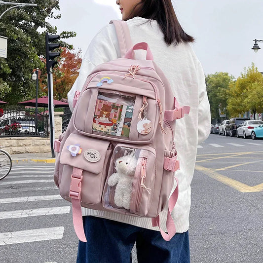 Buckle Badge School Backpack Candy Color Fashion Cute Schoolbag Korean Style Shoulder Student Bag Teenage Girls College Backpack