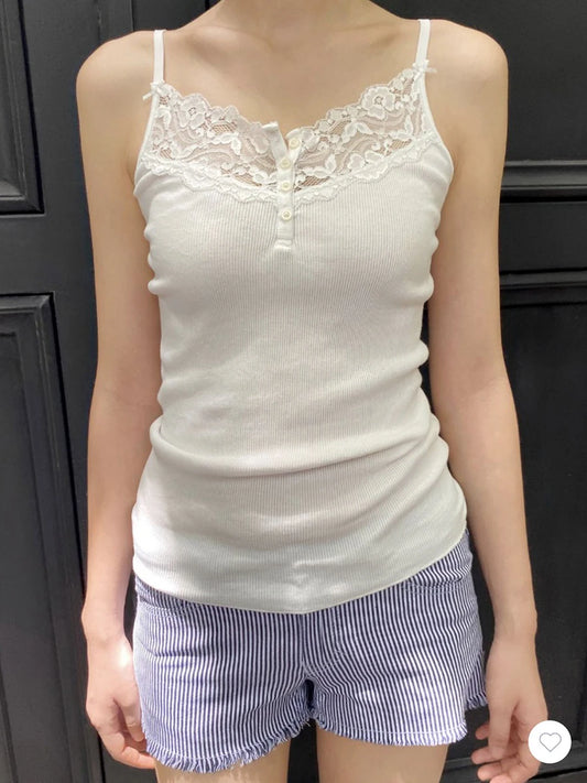 Lace Trim Buttons Ribbed Slim Tank Top Woman Summer Sleeveless Cotton White Simple Vest Vintage Sweet Basic Camisole Y2k Tops