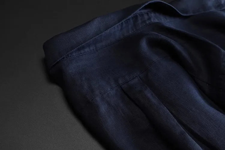 Navy Blue Full Linen Shirt Women's Long-Sleeved Spring and Summer Rain Dew Linen Shirt Loose Large Size Cotton and Linen Top Sun