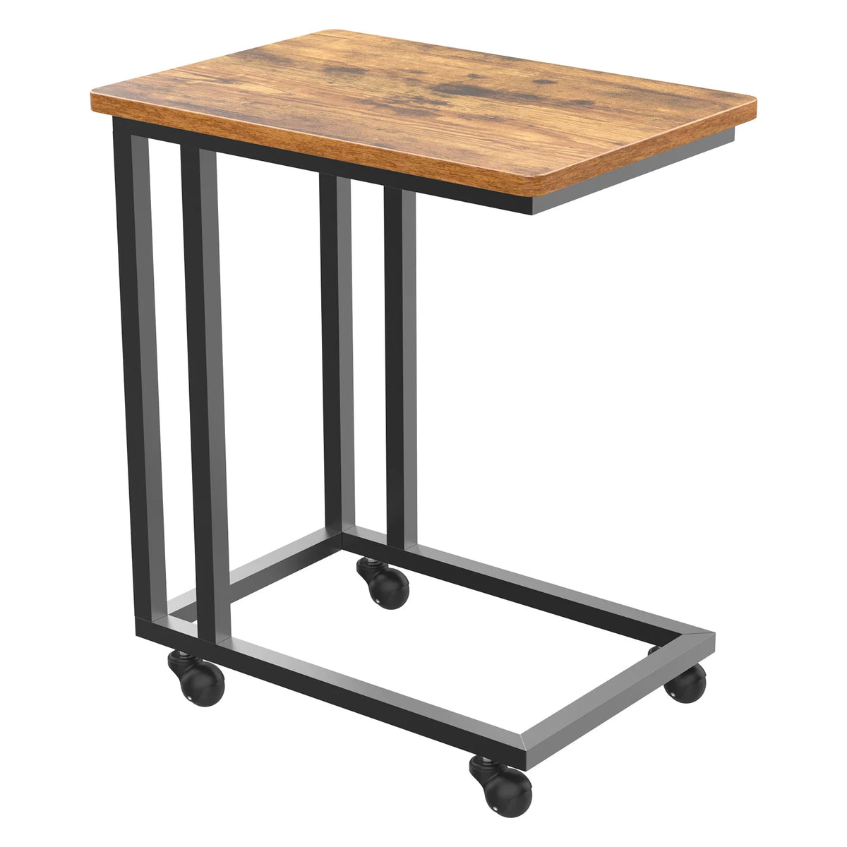 JHK Wood Sofa Table Overbed Bedside Desk Portable Rolling with Wheels Metal Frame Adjustable Feet  for Living Room Bedroom