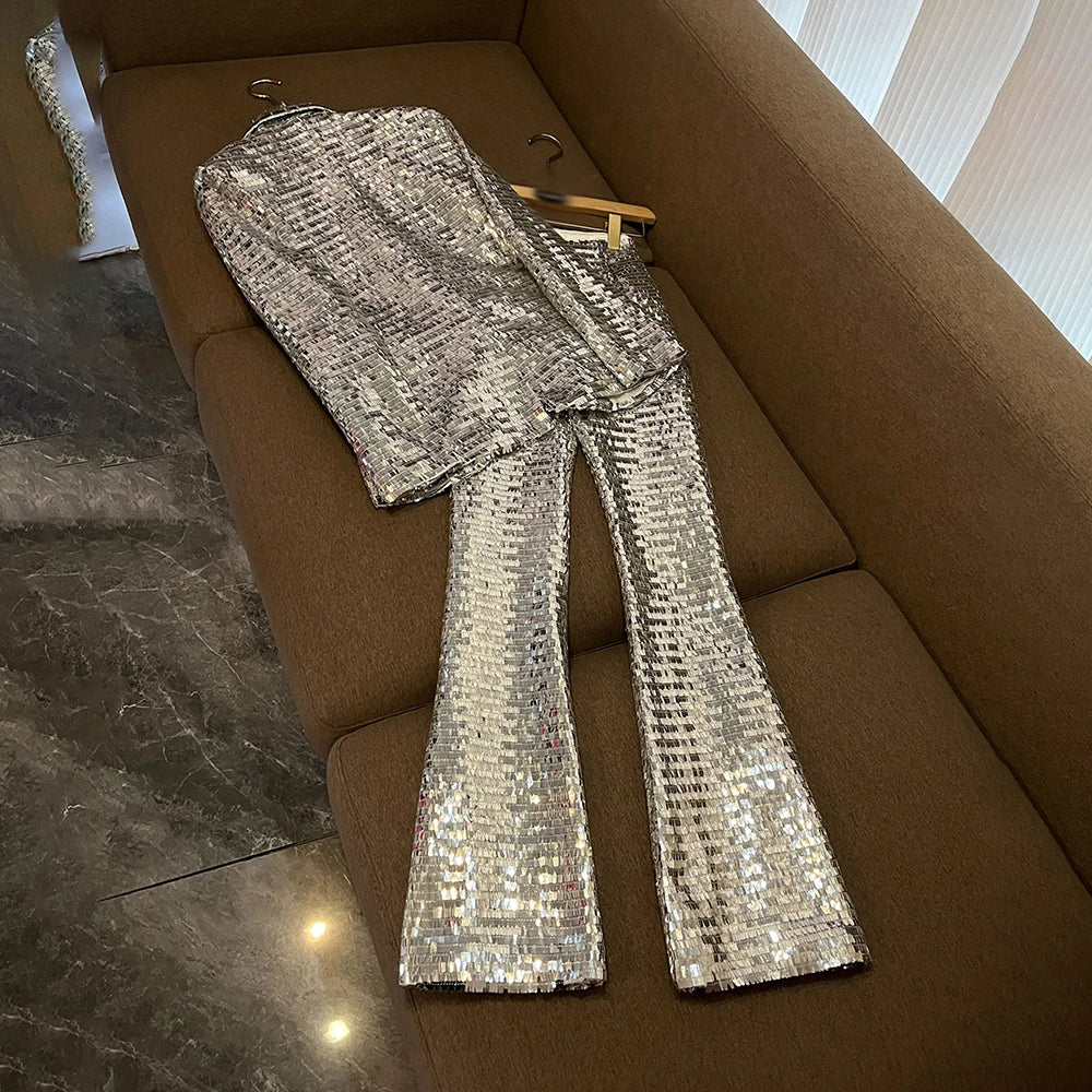 TWOTWINSTYLE Solid Sequin Two Piece Sets For Women Lapel Long Sleeveltop High Waist Pants Elegant Set Female Fashion KSE527441