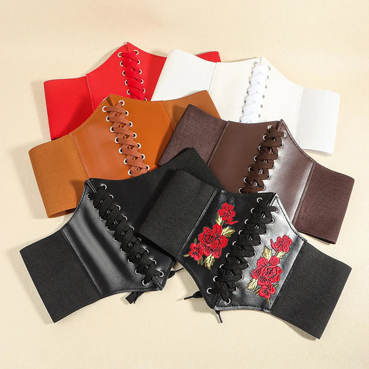 Women Elastic Waist Embroidered Flower Belt Female Lace Up PU Leather Waistband Vintage Corset Black Wide Belt for Girl