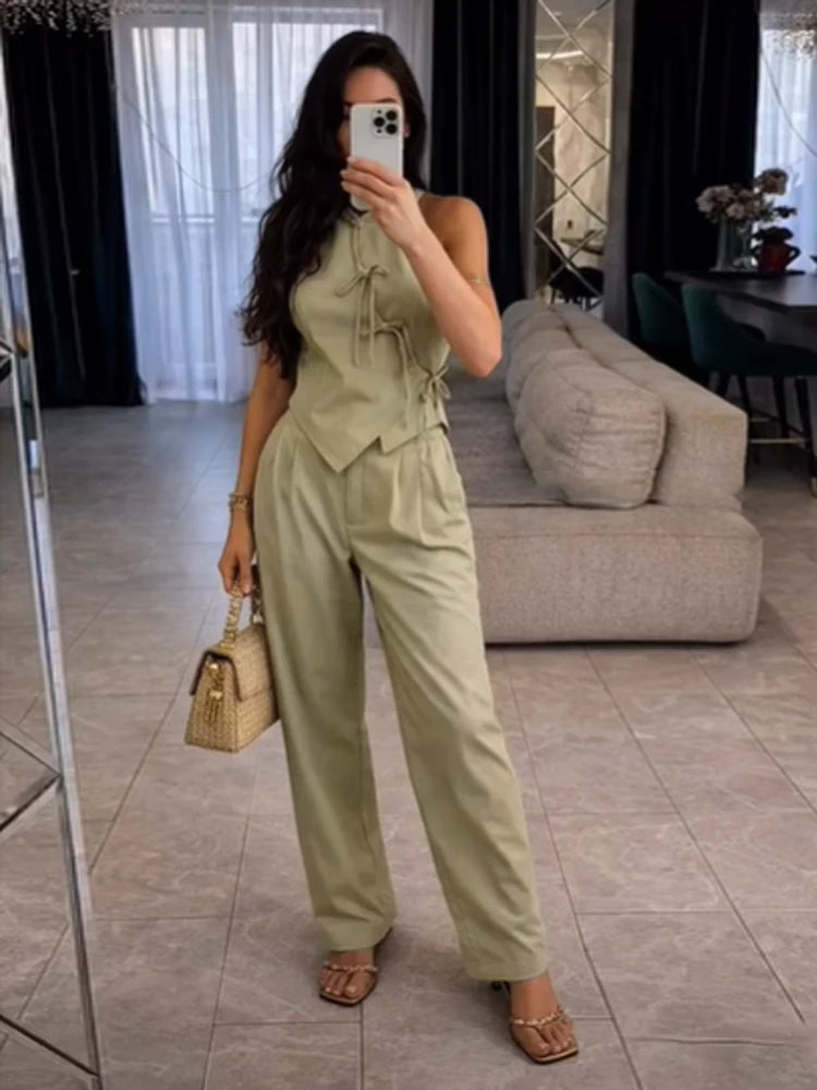 Women Green Bowknot Wide-leg Pant Suits Chic Solid Sleeveless Lace Up Slim Fit Long Pant Sets 2026 Lady Daily Street Outfits New
