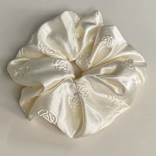 French high-end camellia cream white satin large intestine scrunchie square scarf fashion temperament women's hair accessories