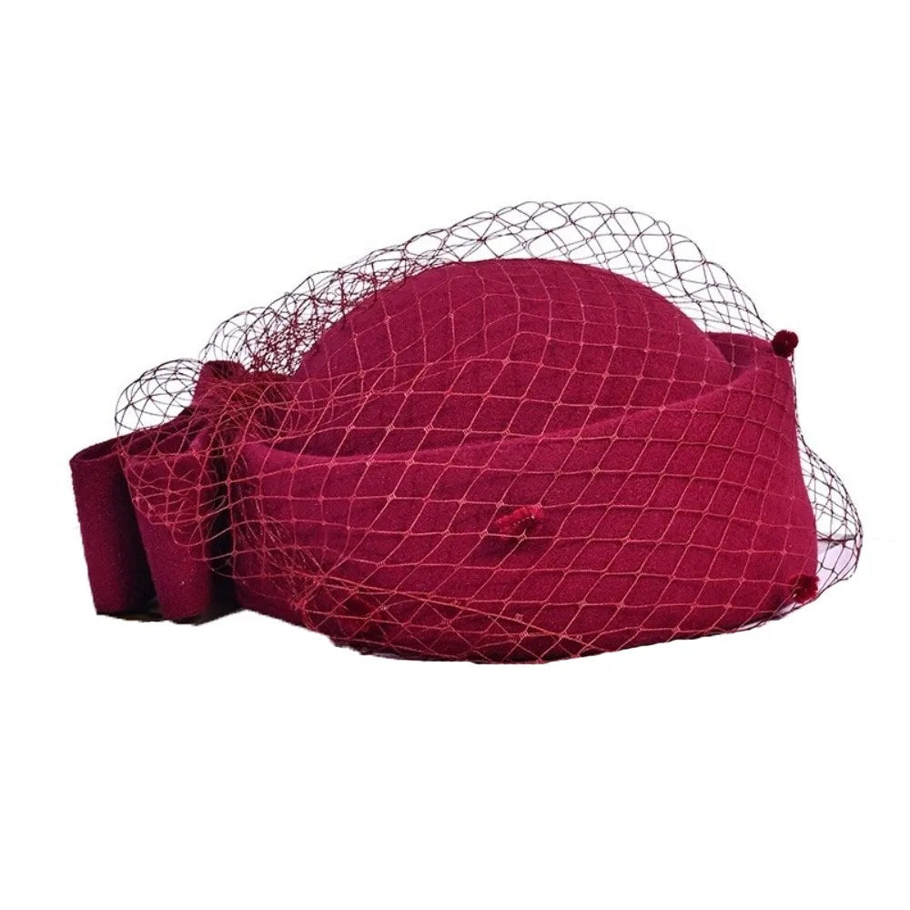 Fashion Mesh Wool Bow Hat with Veil British Style Cashmere Pillbox Hat Photography Decoration Warm Stewardess Cap Autumn Winter