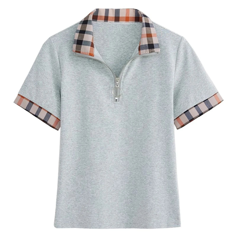 European Station Polo Collar Checkered Short sleeved T-shirt Women's Summer New Fashion Light Luxury Loose Pure Cotton Top