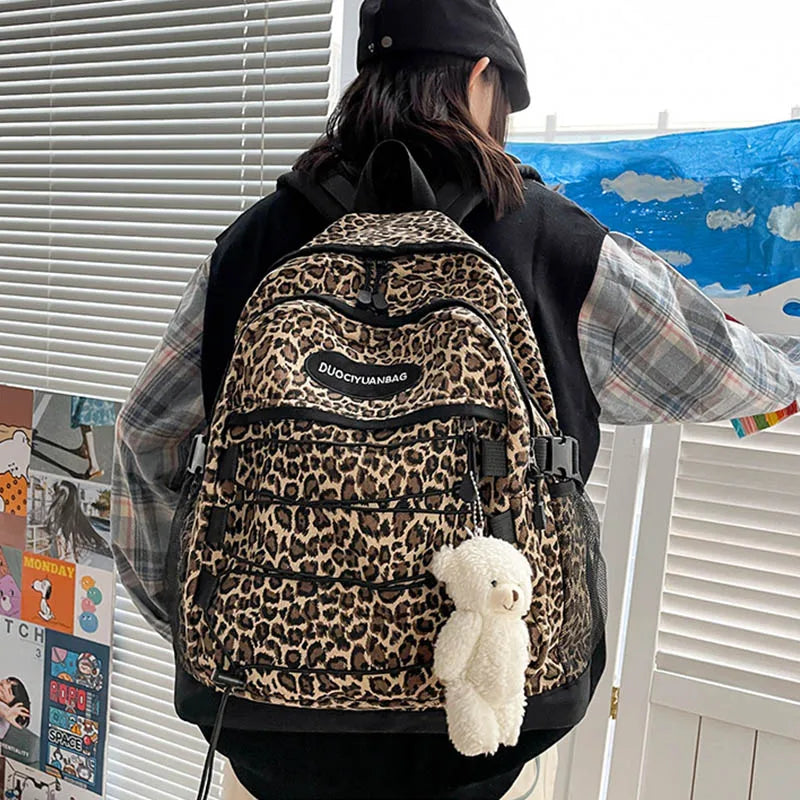 Fashion Girl College School Bag Casual Simple Women Backpack Leopard Book Packbags for Teenage Travel Shoulder Bags Laptop Bag