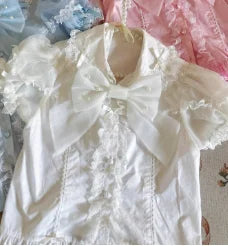 Cute Sweet Lolita Girls Shirt 2025 Summer New Bubble Short-sleeved Shirts Doll Collar Single-breasted Candy-colored Blouse Top