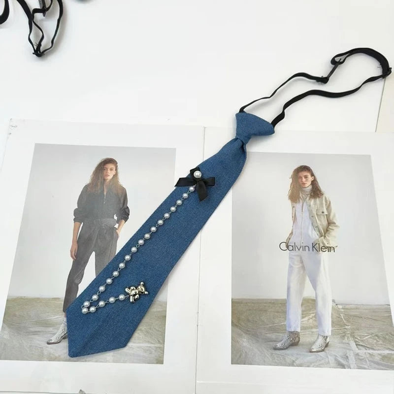 Cowboy Style Blue Necktie JK Shirt Tassel Chain Bow Tie for Men Women Fashion Wedding Cravat Jewelry Accessory