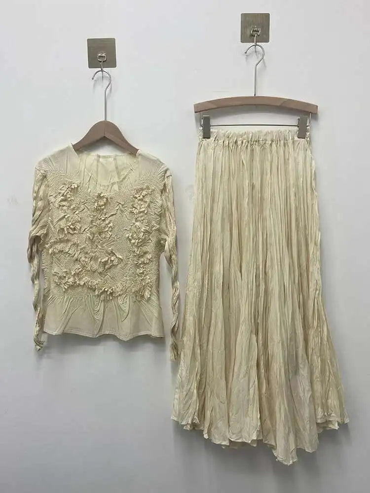 GVUW Pleated 2 Pieces Set Niche Design Women Full Sleeve Tops + A Line Skirt Loose Solid Color New 2025 Lady Sets 17G8434