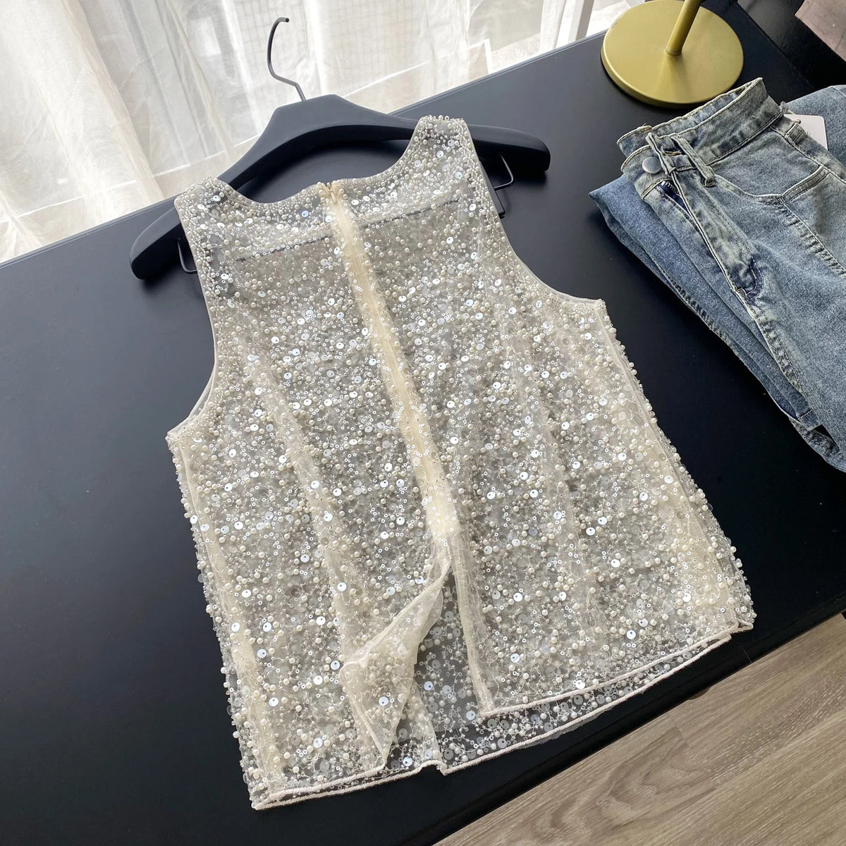 Hotsweet Vintage casual glitter sleeveless O-Neck Slim Top French Streetwear Fashion Summer Sexy basics blouse