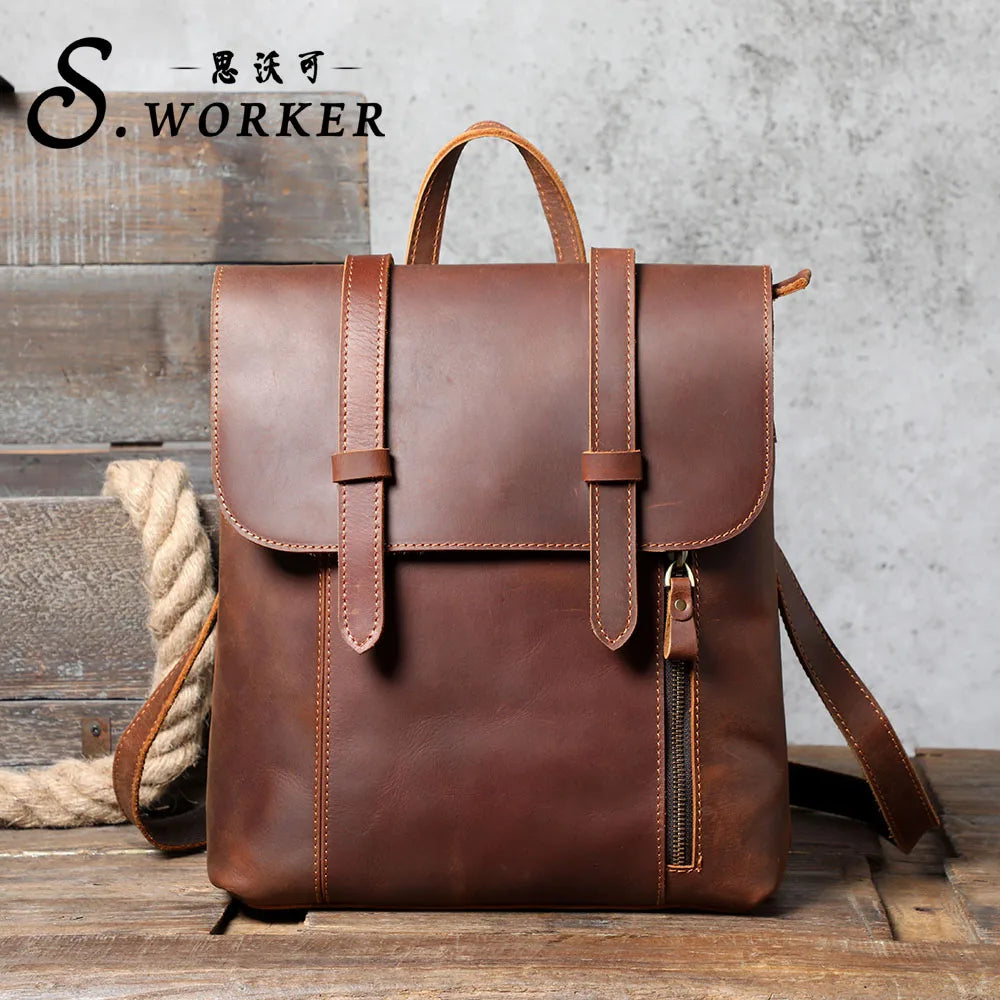 S.WORKER Vintage Genuine Leather Backpack Unisex Casual Preppy SchoolBag Crazy Horse Cowhide Leather Bag Shoulder Bag