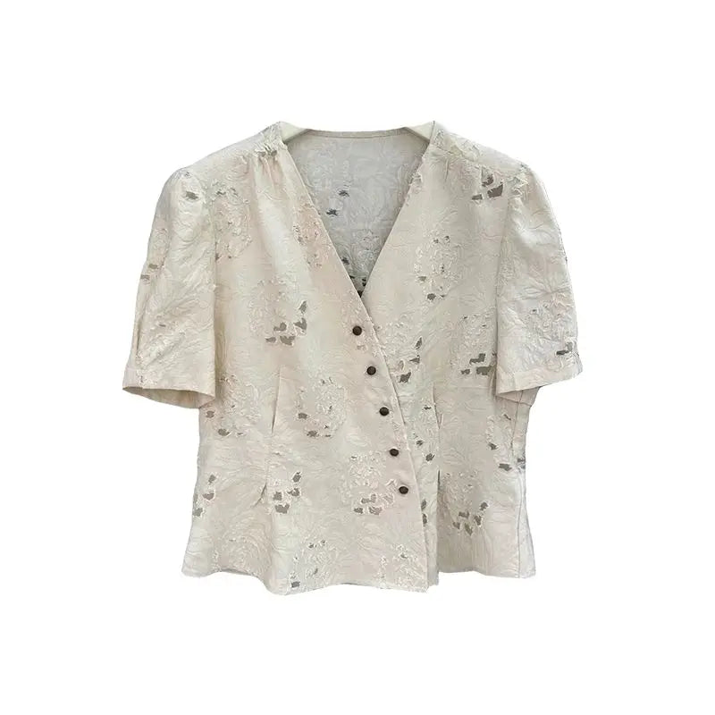 French V-neck Hollow Jacquard Shirt for Women New Puff Sleeves Single-breasted Temperament Waist-closed Short-sleeved Top