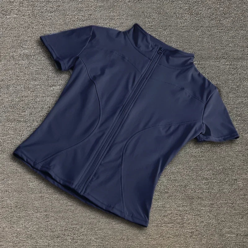 Women Zipper Yoga T-shirt Summer High Quality Waist Slimming Training Tops Workout Running Half Collar Short Sleeves Yoga Shirts