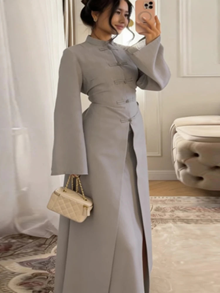 Chinese Style Frog Button Two Piece Set Long Flared Sleeve Ruched Waist Traditional Oriental Outline Sets Spring Picnic Outfit