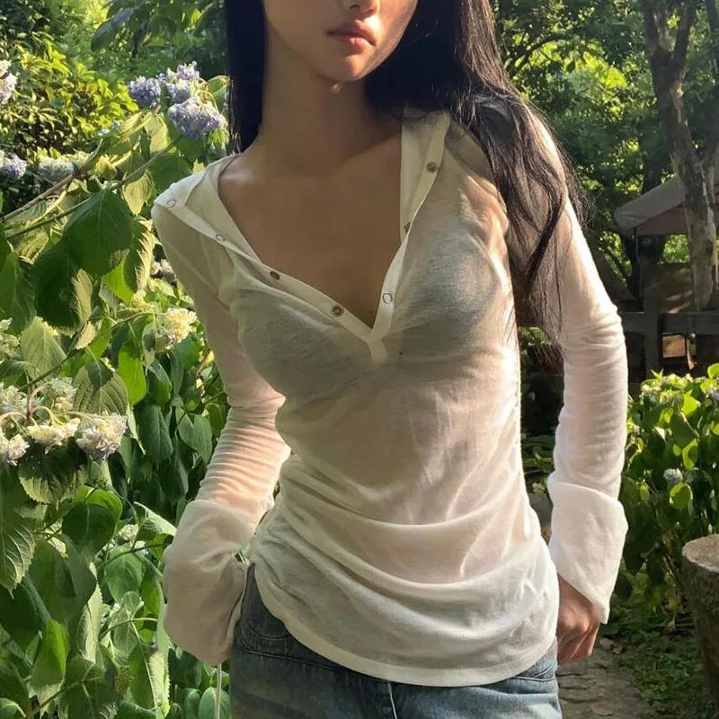 Summer Thin Women's Long Sleeve Top Streetwear Y2k Sexy See Through Hooded T-shirts Drawstring Slim Sun Protection White Tees