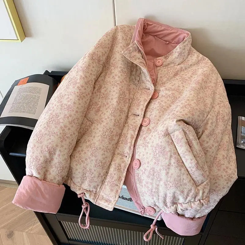 Neploe Literary Korea Gentle Print Veste Femme Stand Collar Short New Age Reduction Jacket Casual Warm Thicked Panelled Mujer