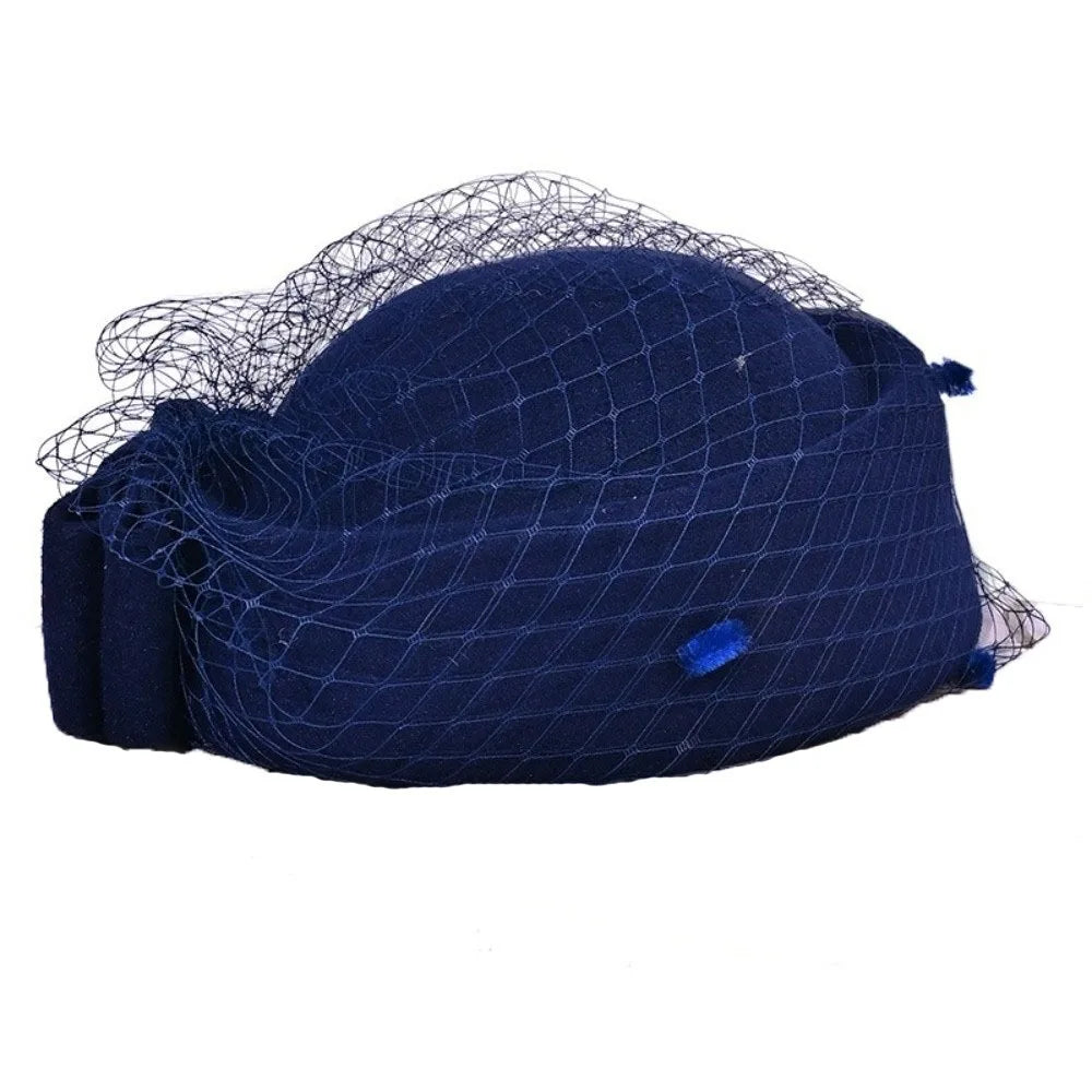 Fashion Mesh Wool Bow Hat with Veil British Style Cashmere Pillbox Hat Photography Decoration Warm Stewardess Cap Autumn Winter