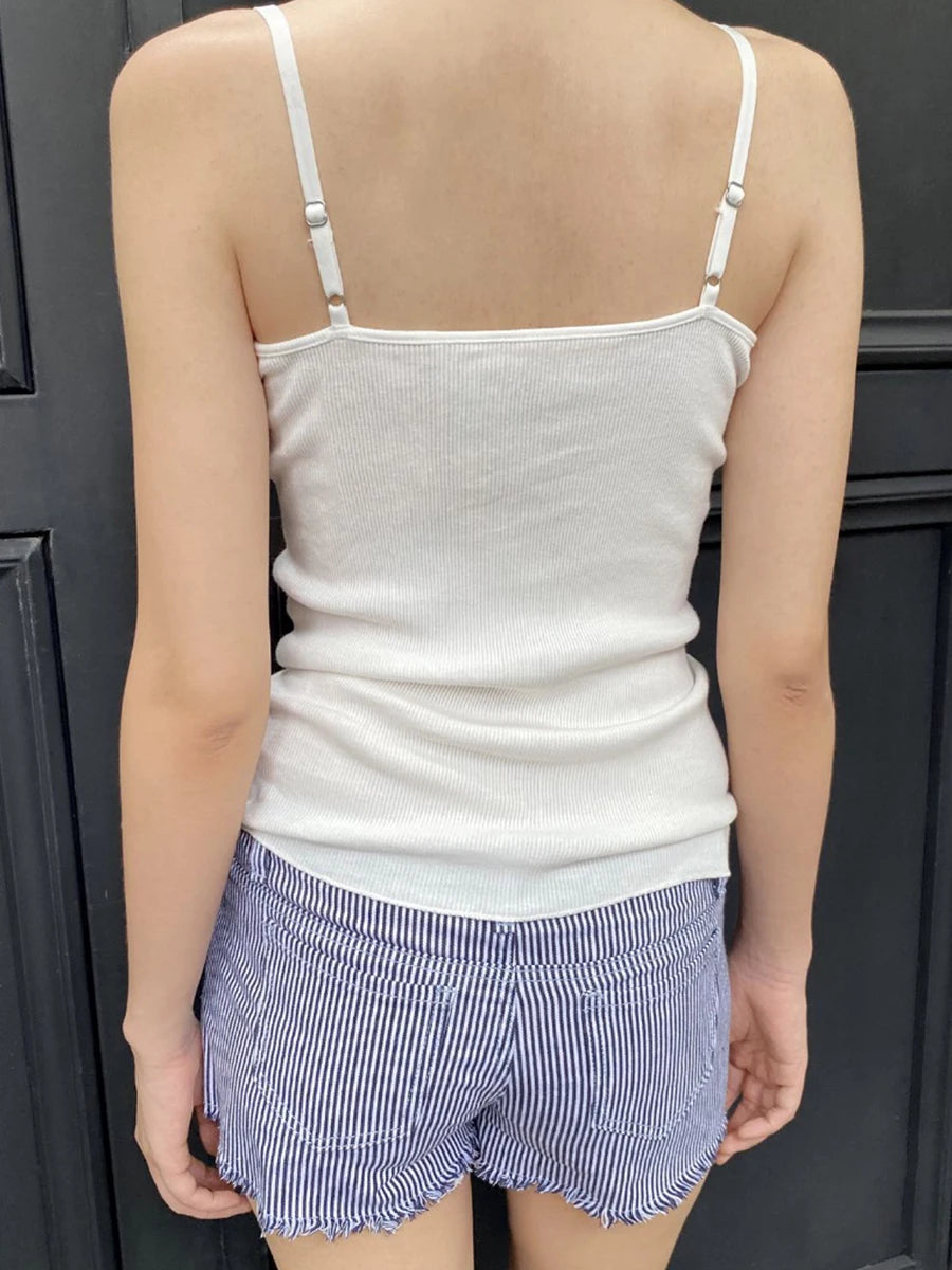 Lace Trim Buttons Ribbed Slim Tank Top Woman Summer Sleeveless Cotton White Simple Vest Vintage Sweet Basic Camisole Y2k Tops