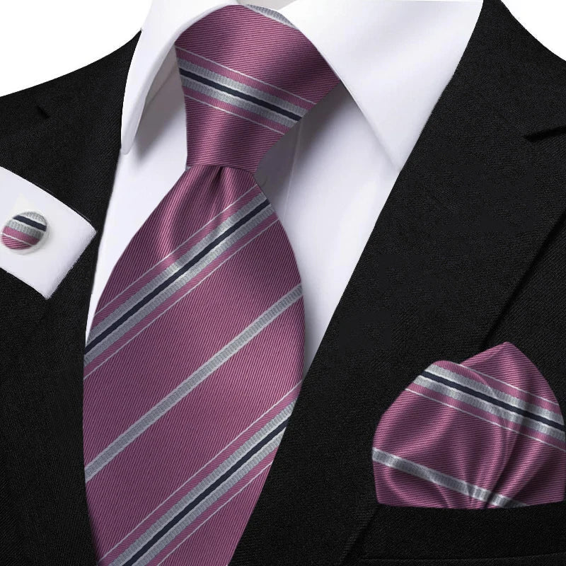 New Classic Striped Jacquard Tie Set Include Purple Polyester Pocket Square As Daily Wear Party Wedding Stylish Accessories Gift
