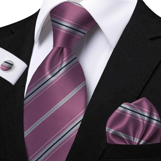 New Classic Striped Jacquard Tie Set Include Purple Polyester Pocket Square As Daily Wear Party Wedding Stylish Accessories Gift