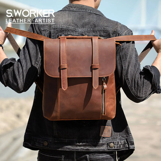 S.WORKER Vintage Genuine Leather Backpack Unisex Casual Preppy SchoolBag Crazy Horse Cowhide Leather Bag Shoulder Bag