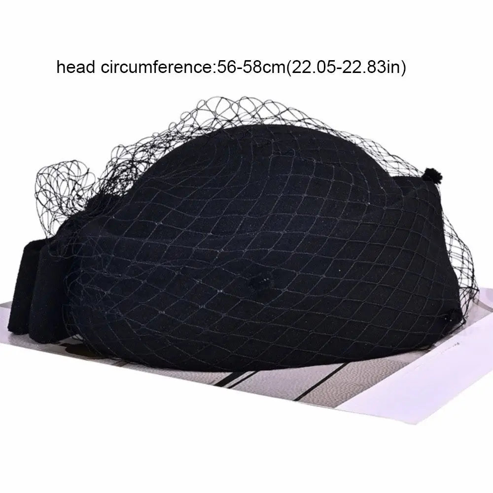 Fashion Mesh Wool Bow Hat with Veil British Style Cashmere Pillbox Hat Photography Decoration Warm Stewardess Cap Autumn Winter