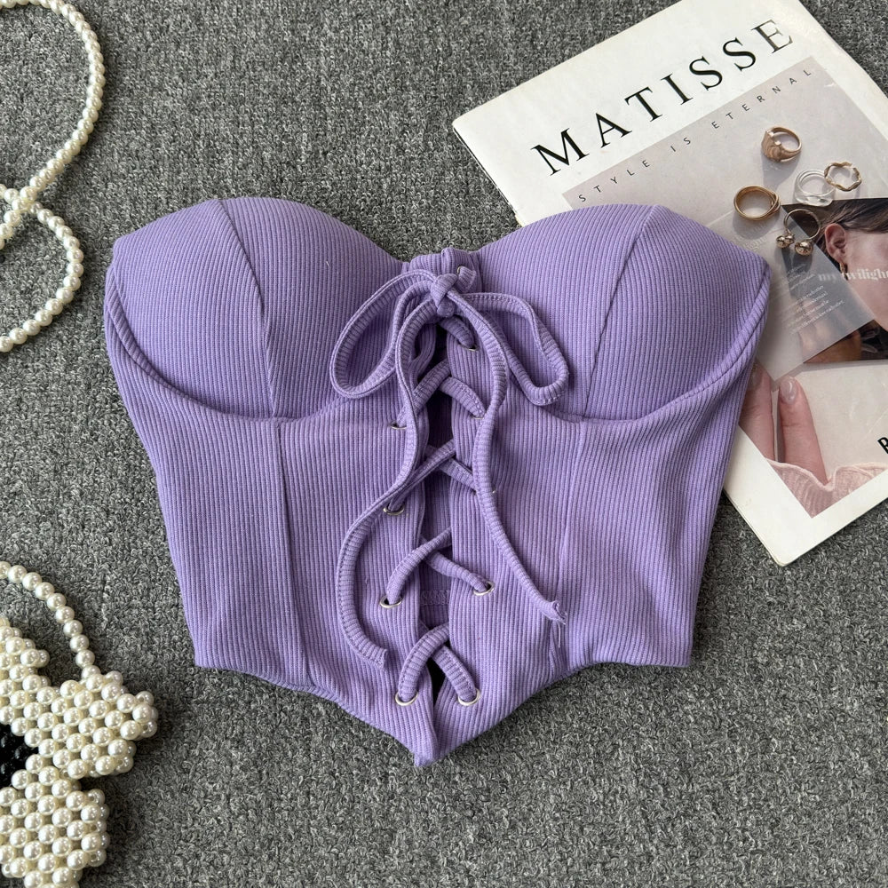 Backless Women Tank Tops New Arrival Slash Neck Build in Bra Bare Midriff Lace Up Skinny Camis Summer Vintage Gallus Dropship