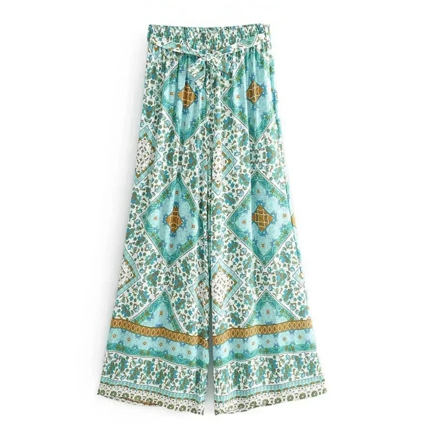 Boho Queens Women Green Floral Print Bohemian Wide Leg Pants Lady Elastic Waist Loose Rayon Boho Long Pant Oversize Trousers