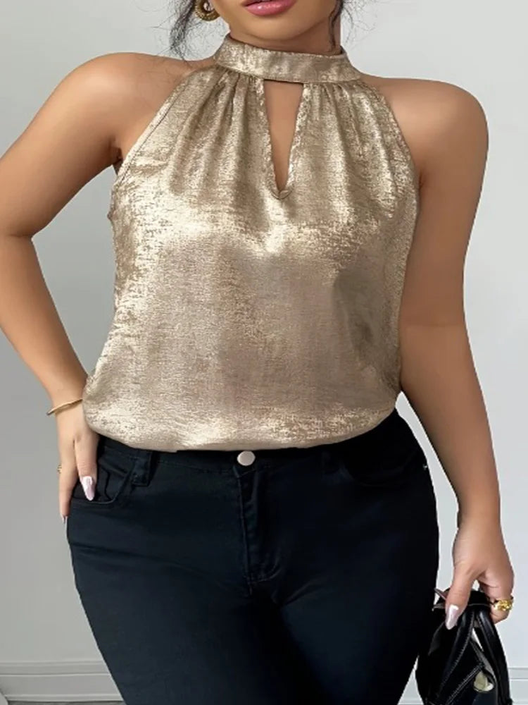 Champagne Golden Shiny Glossy Halter Neck Off Shoulder Hollow Out Sleeveless Blouse Womens Sexy Elegant Spring Summer Top