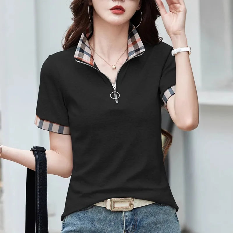 European Station Polo Collar Checkered Short sleeved T-shirt Women's Summer New Fashion Light Luxury Loose Pure Cotton Top
